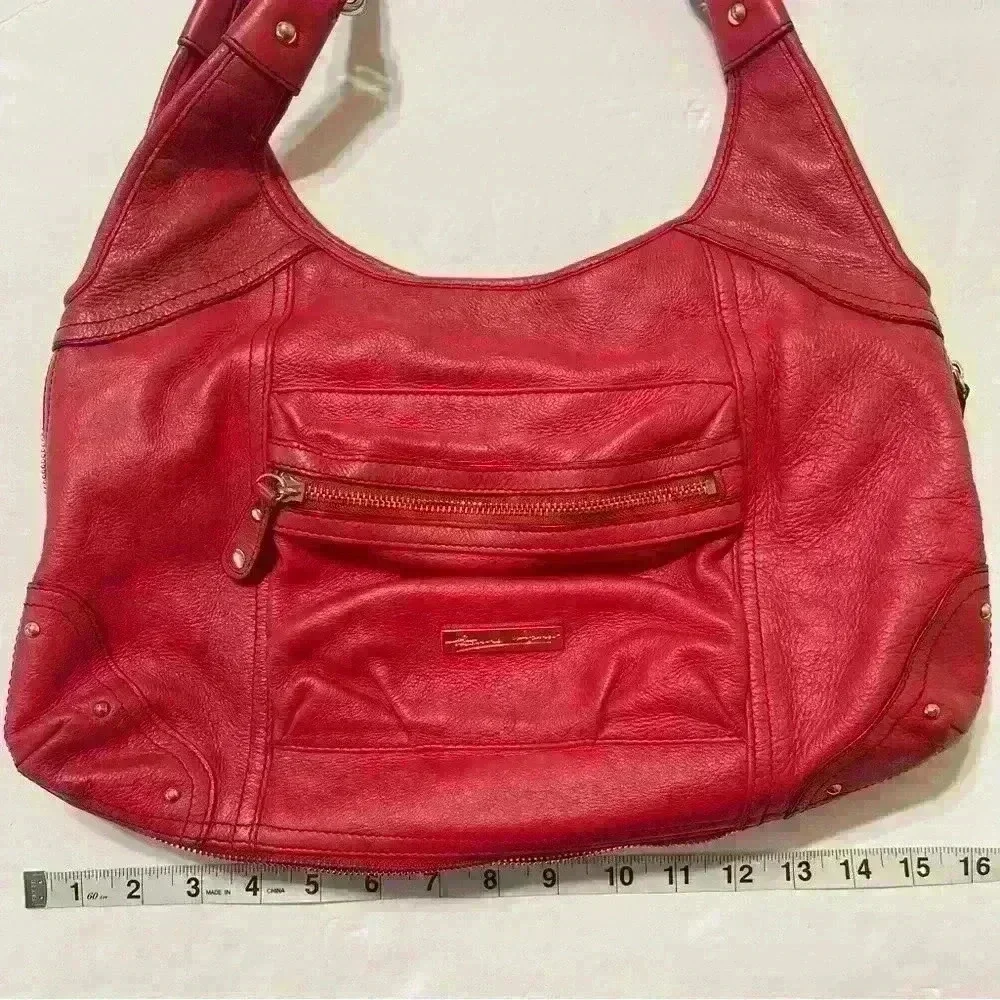 Etienne Aigner Red Genuine Leather Handbag Pockets Zip Around Boho Outdoor